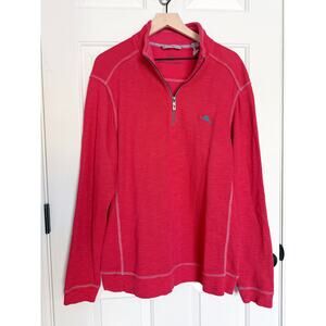 Tommy Bahama Quarter Zip Sweater Shirt L Long Sleeve Red Knit Preppy Pima Cotton
